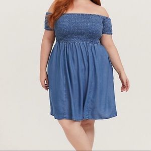 Torrid blue chambray smocked skater dress